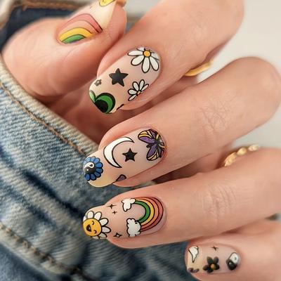 TEMU 24pcs Rainbow & Press-on Nails - Matte , Medium Square Coffin Shape, Cartoon Designs For Care