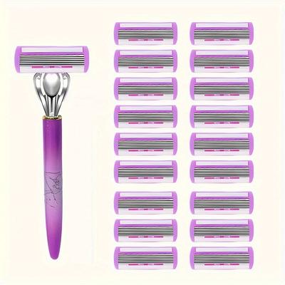 TEMU 6-layer Women's Metal Manual Razor, 1 Handle +18 Replacement Blades, Women's Manual Hair Removal Razor, Multi-functional Hair Removal Tool For Business Travel