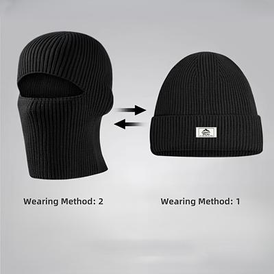 TEMU Men' -one Knit Beanie And Face Mask, 100% Polyester Stretch Fabric, Solid Color, Warm Outdoor Cycling , Anti-cold Headwear, Hand Washable