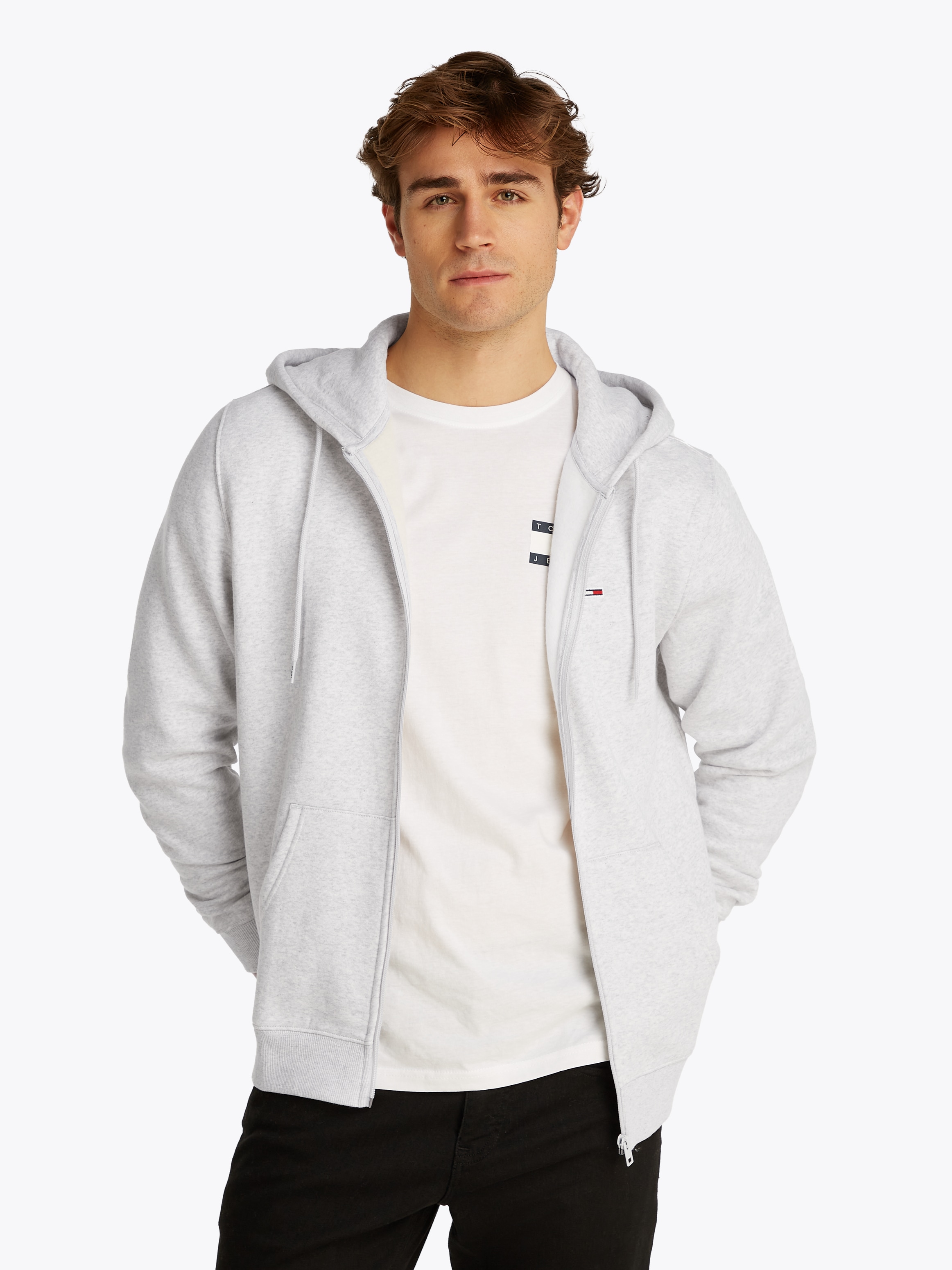 Sweatshirt TOMMY JEANS "TJM REG S FLAG ZIP FLEECE THRU", Herren, Gr. M, grau (silber grau heather), Sweatware, Obermaterial: 80% Baumwolle, 20% Polyester, regular fit, breiter Bund, Sweatshirts Sweatshirt, mit bestickten Markenlogo auf Brusthöhe