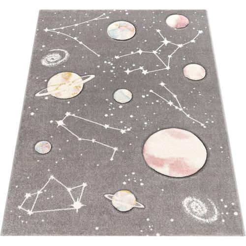 Kinderteppich PACO HOME ""Cosmo 347"" Teppiche Gr. B: 133cm, 12mm, L: 133cm, grau Kinder 3D-Design, Motiv Weltraum, Kinderzimmer