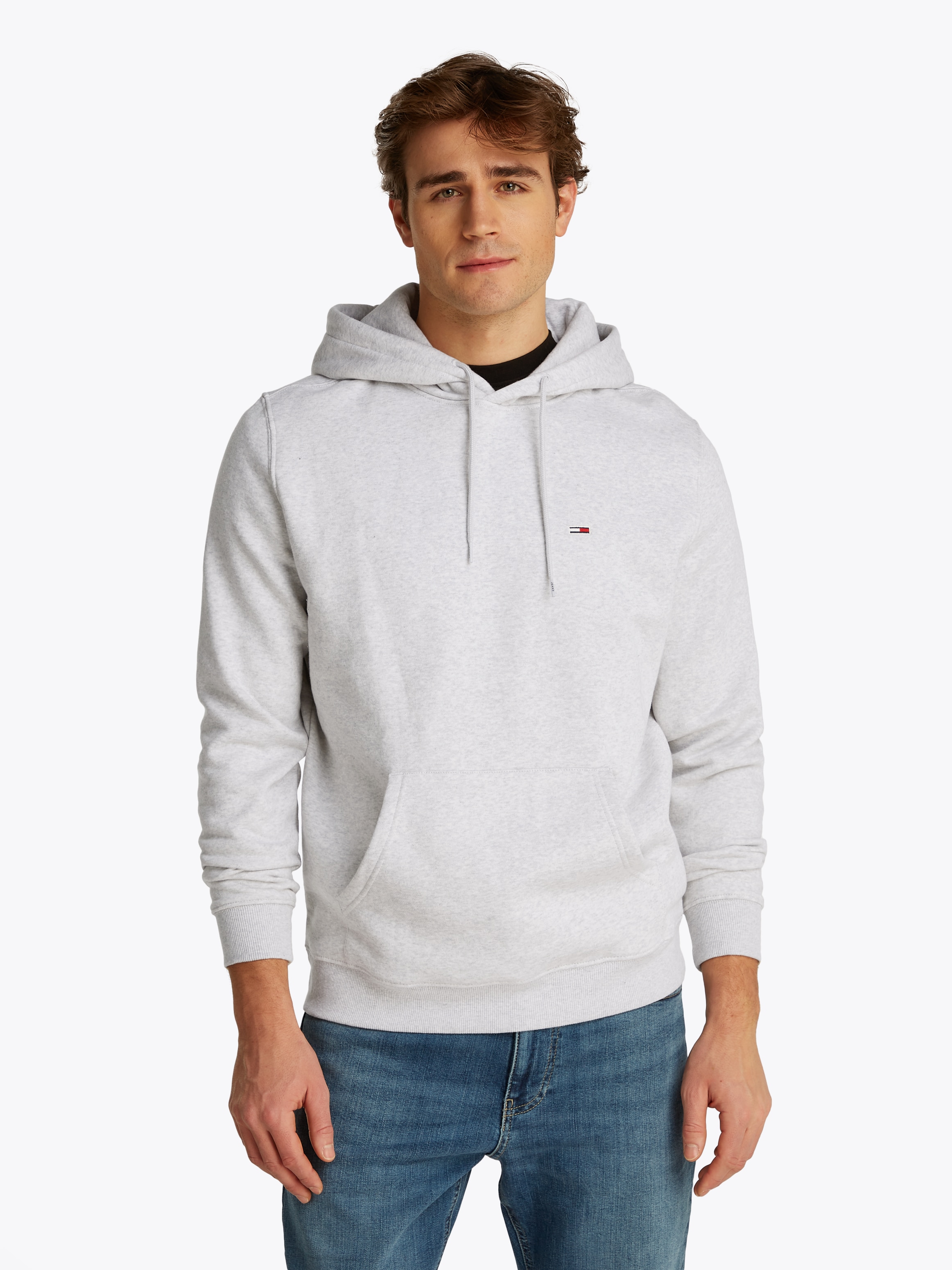 Sweatshirt TOMMY JEANS "TJM REG S FLAG HOODIE", Herren, Gr. S, grau (silber grau heather), Sweatware, Obermaterial: 80% Baumwolle, 20% Polyester, unifarben, regular fit, breiter Bund, Sweatshirts Sweatshirt, mit bestickten Markenlogo auf Brusthöhe