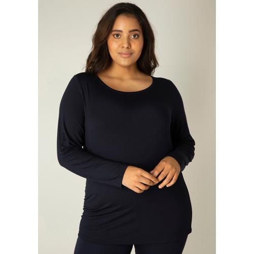 Langarmshirt BASE LEVEL CURVY Gr. 46, blau (dunkelblau) Damen Shirts mit Rundhalsausschnitt