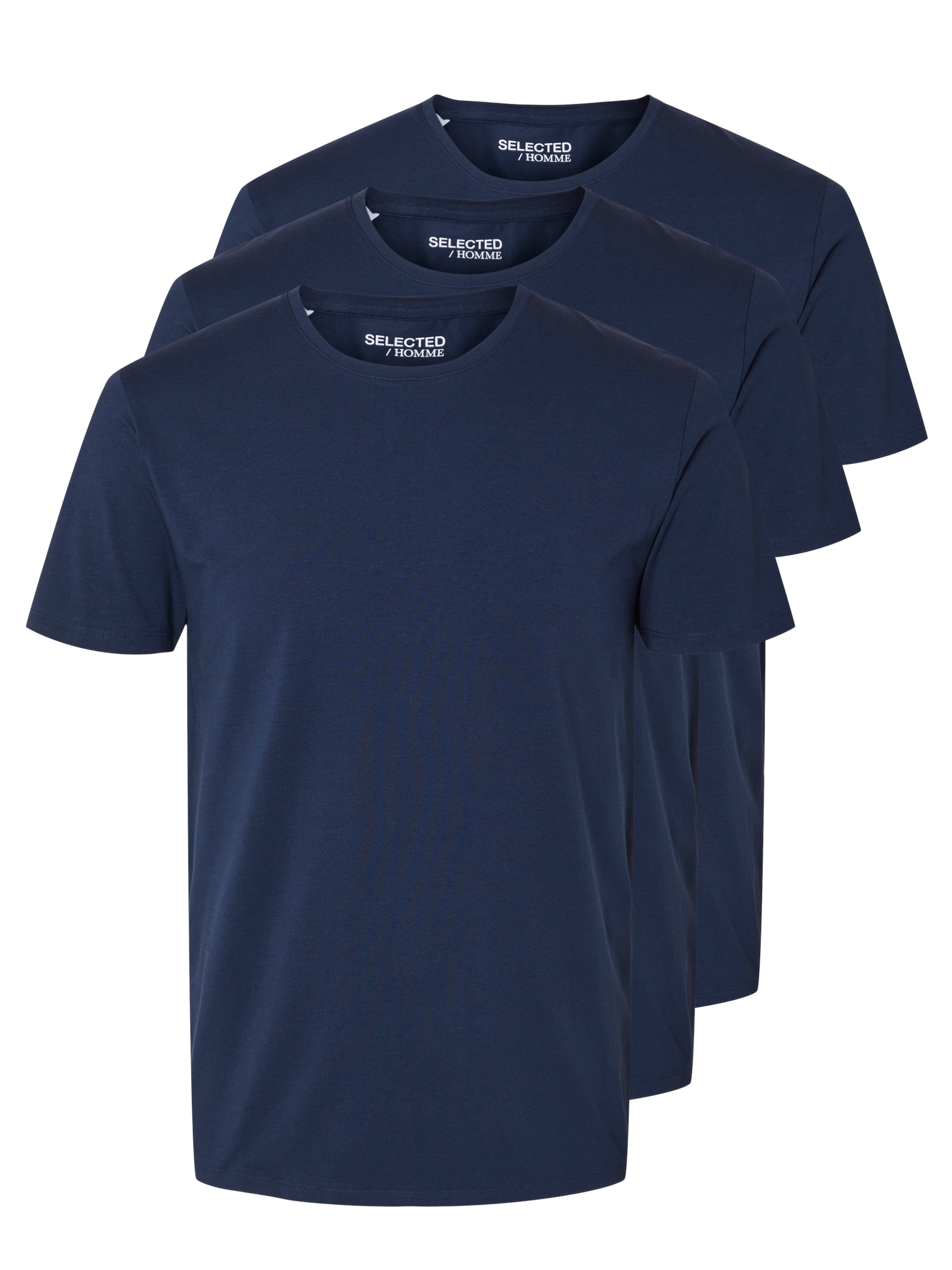 T-Shirt SELECTED HOMME "SLHROLAND SS O-NECK TEE 3-PACK NOOS", Herren, Gr. S, blau (navy blazer), Jersey, Obermaterial: 95% Baumwolle, 5% Elasthan, unifarben, Basic, regular fit normal, Rundhals, Shirts Image
