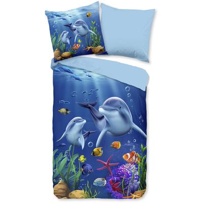 Kinderbettwäsche "Mare", blau, B/L: 135cm x 200cm, , Microfaser, B/L: 80cm x 80cm, Microfaser, Obermaterial: 100% Polyester, PURE LUXURY COLLECTION, Bettwäsche, Mikrofaser, 135x200, Pflegeleicht, Wendeoptik, Kind, Delfin Meer, Blau Image