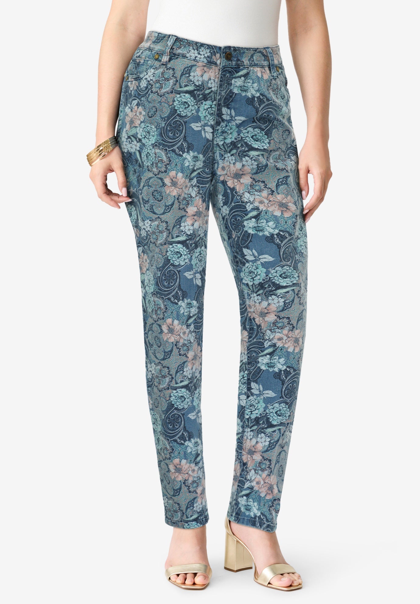 Plus Size Women's Plus Size Classic Stretch Straight Leg Jean by Denim 24/7 by Roamans in Stonewash Rose Paisley (Size 14 WP)