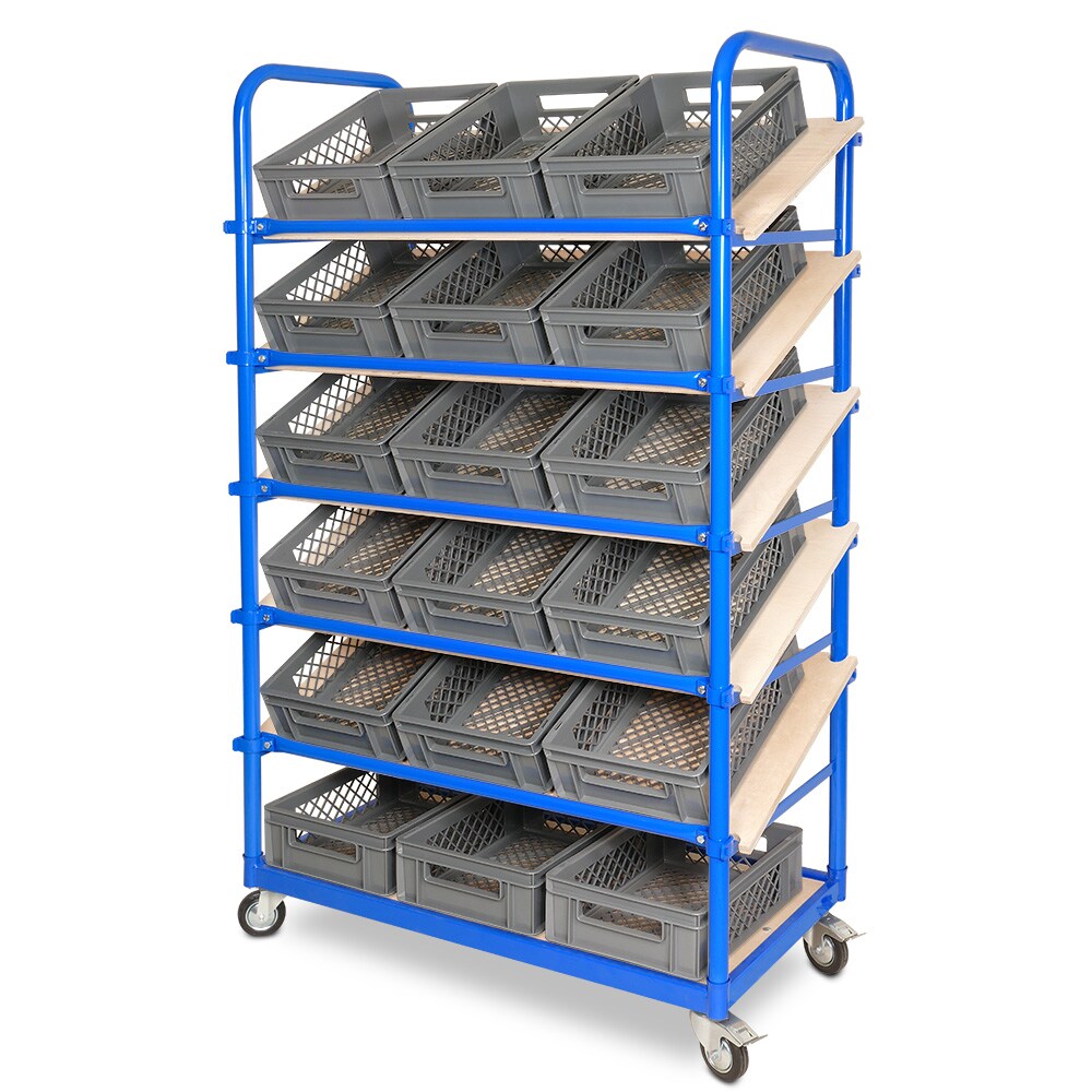 BRB Schrägboden-Regalwagen mit 6 Ebenen, BxTxH 1050x500x1690 mm, 4 Lenkrollen, 2 Rollen mit Feststellbremse mit 18 Euroboxen BxTxH 400x300x125 mm Image