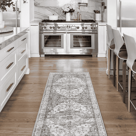 NICETOWN Persian Vintage Runner Rug 2 x8 Non-Slip Stain Resistance Rug Oriental Medallion Hallway Carpet for Kitchen Foyer Entryway Bathroom Grey