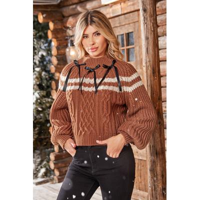 Brown Cable Knit Puff Sleeve Bow Jumper