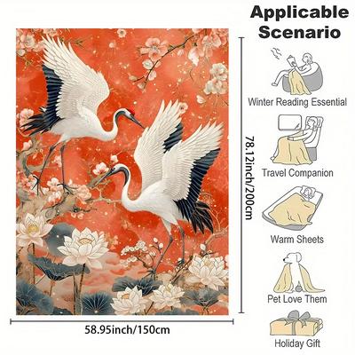 TEMU Flannel Throw Blanket With And Lotus Design, Digital Print Soft Polyester Flannel, Reversible, Non-woven, No Pilling Or Shedding, All-season Comfort - Ideal Gift For Family And Image