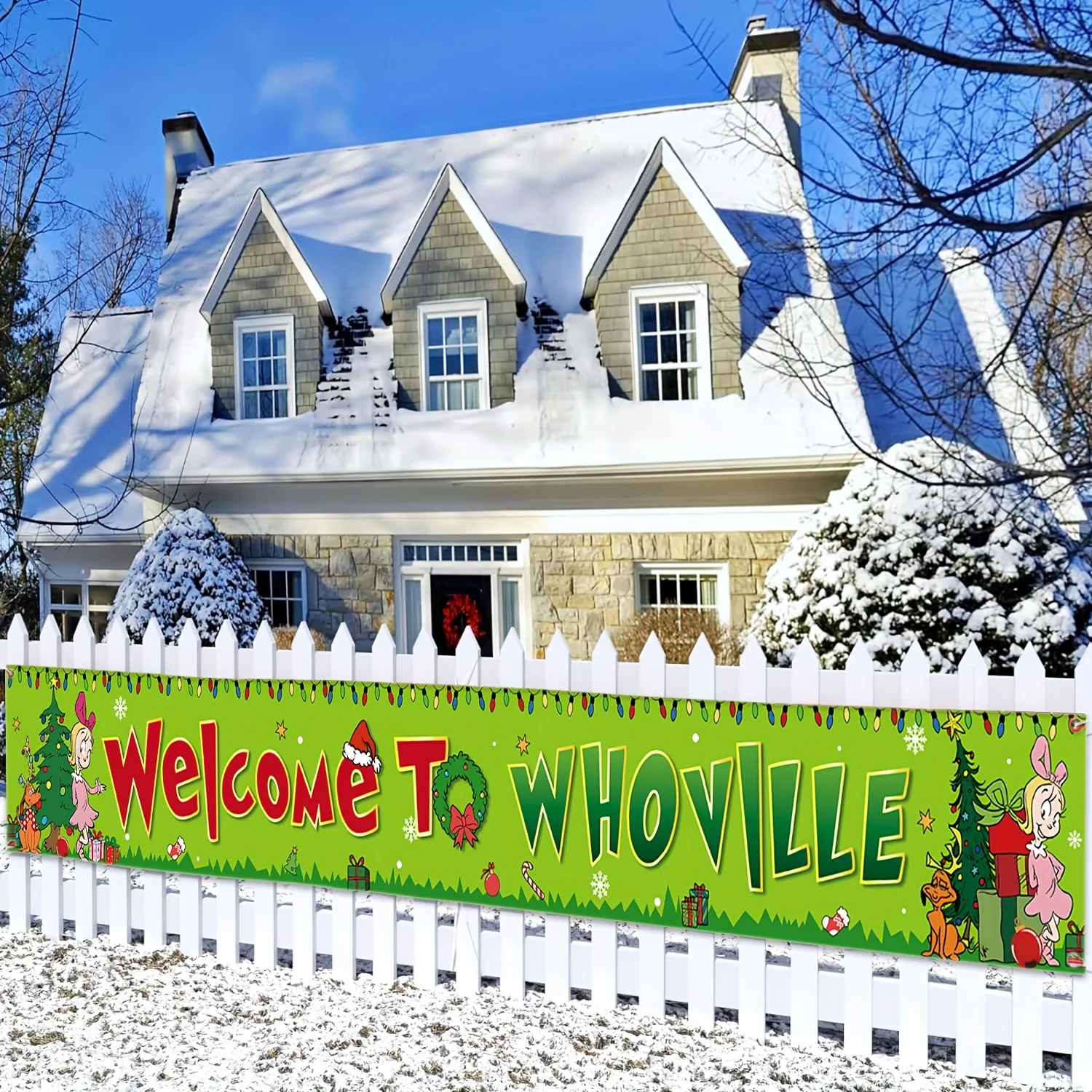 Willkommen bei Whoville Zaun Banner Lustige Weihnachten Winter Urlaub Party Dekor Weihnachten Hof Veranda Zeichen Dekoration Photo Booth Image