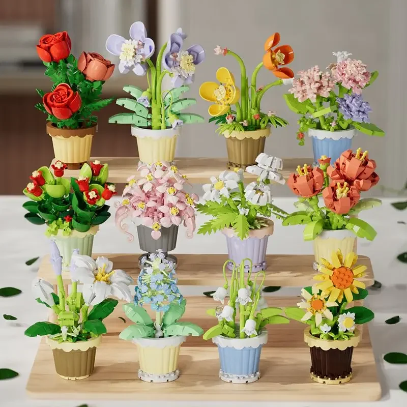Zusammenbau von Bausteinen, Kinderspielzeug, Geschenken, Desktop-Blumen, DIY-Bausteinspielzeug Image