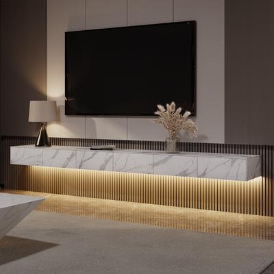 110.24"Modern Matte Sintered Stone Floating TV Stand with LED Lights,White Wall-Mounted TV Console with Drawers with Adjustable Light