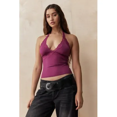 Out From Under Lace Halter Top - Red Berry M at Urban Outfitters