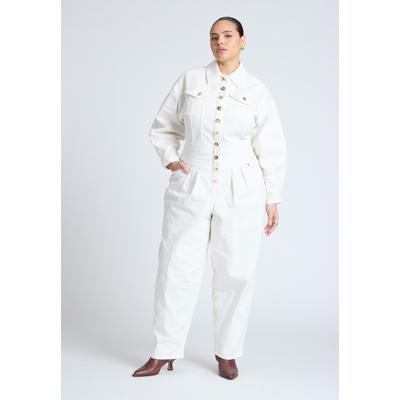 Plus Size Women's Gold Hardware Denim Jumpsuit by ELOQUII in White Wash (Size 18)