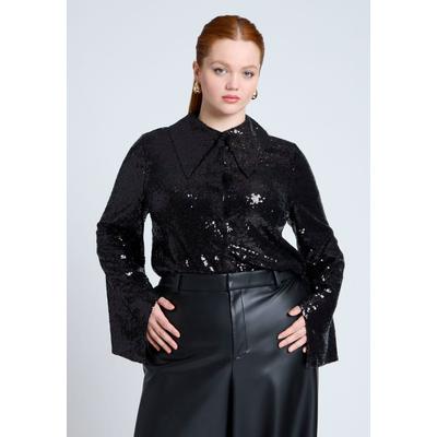 Plus Size Women's Flare Sleeve Sequin Button Down by ELOQUII in Black Onyx (Size 18/20)