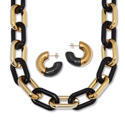 Women's Acrylic Link Necklace Black and Gold Ion-Plated Stainless Steel Earrings Set by PalmBeach Jewelry in Gold Black