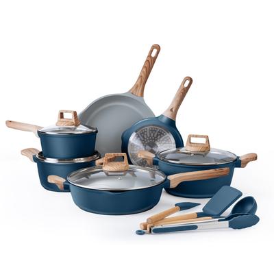 Country Kitchen 14 Piece Kitchen Cookware Set, Nonstick Cast Aluminum with Utensils, Sage