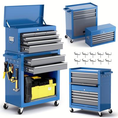TEMU Tool Chest, 8-drawers Rolling Tool Chest With Wheels, Detachable Tool Storage Cabinet With Tool Box Organizer Tray Divider Set, With 10 Hooks For Workshop Garage Mechanics, Blue Image