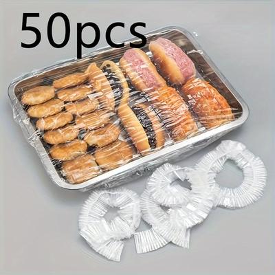 TEMU 50pcs Pvc Stretchable Food Storage Lids - Uncharged, Clear Tray Covers For Bread, Desserts, Produce - Easy Clean Kitchen & Preservation Solution Image