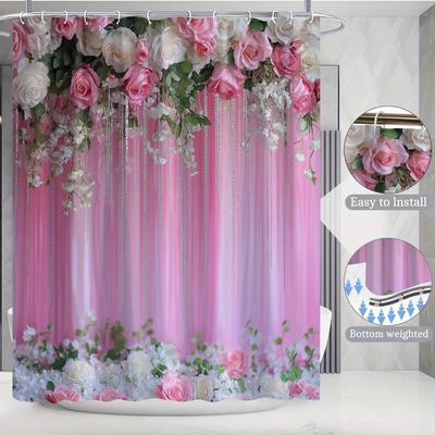 TEMU Water-resistant Floral Themed Bath With 12 Hooks For Home & Hotel - Machine Washable, Polyester , Graphic Arts Motif, Includes Non-woven Bath Mat Set (1pc/4pc)