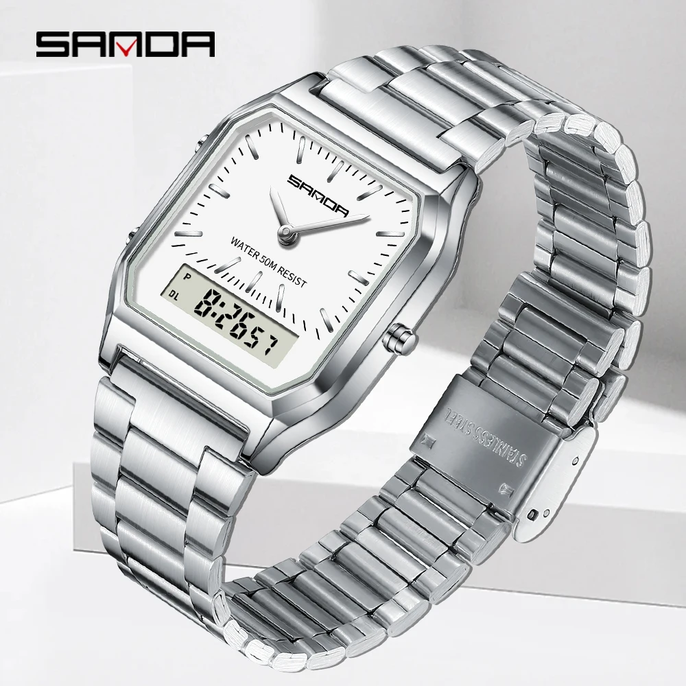 SANDA Luxus Herren G-Stil Uhren Edelstahl Damen LED Digital Dual Display Uhr Unisex Wasserdicht Sport Quarzuhr 747 Image