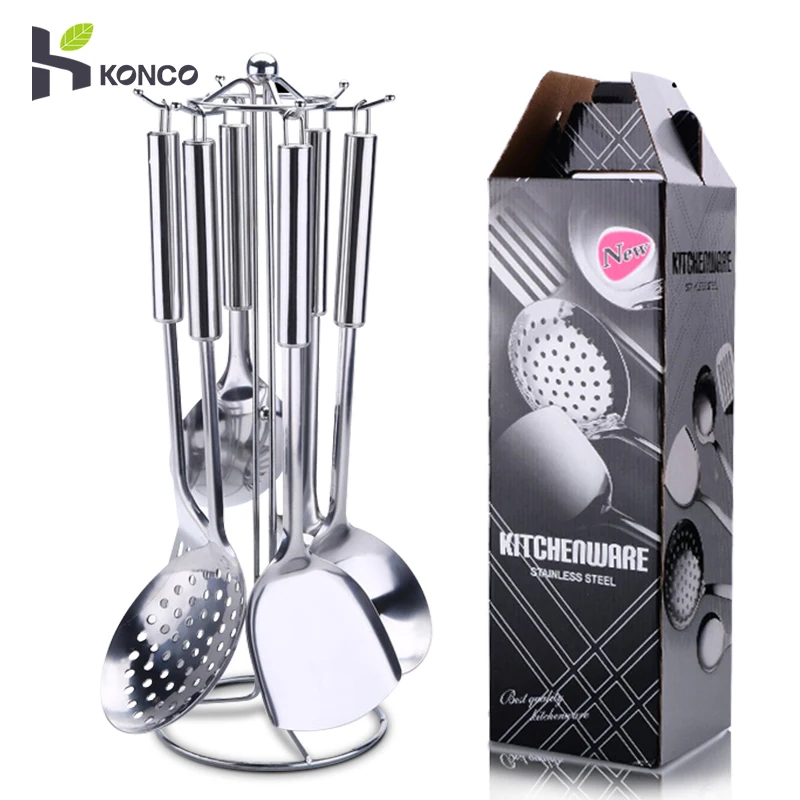 KONCO-Ensemble d'ustensiles de cuisine en acier inoxydable, ustensiles de cuisine avec support d'évaluation, outils de cuisine, 6 pièces