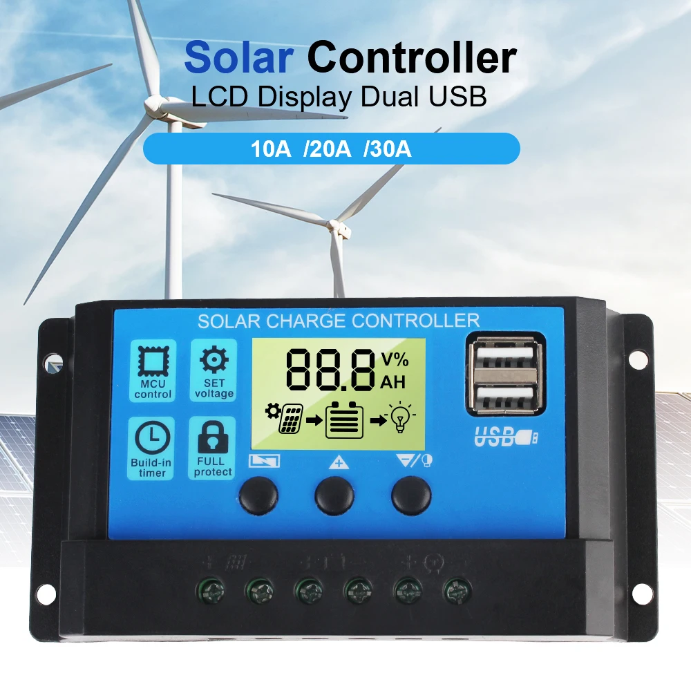 Solarbatterieregler PV-Regler Eingebauter Timer MPPT-Zubehör 10A 20A 30A 12V 24V Solarregler Dual USB LCD-Display Image