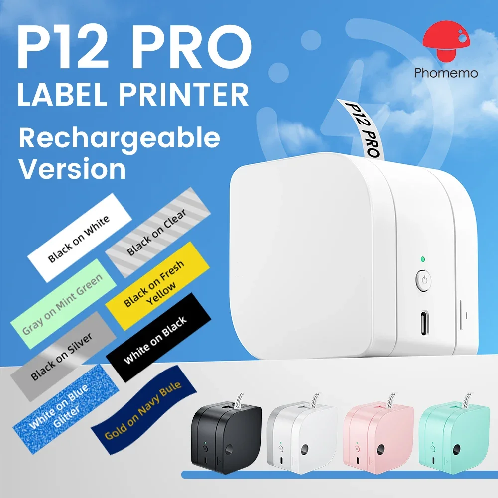 Phomemo Etikettendrucker P12 PRO Tragbarer Etikettendrucker, 12 mm, wiederaufladbarer Bluetooth-Tintenlosdrucker, mehrere Vorlagen für Büro und Zuhause Image