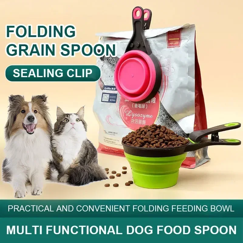 Mangeoire pliante pour animaux de compagnie, cuillère à eau, bol d'extérieur, tasse à mesurer de nourriture pour chat, Clip de scellage de nourriture pour chien, fournitures multifonctions pratiques