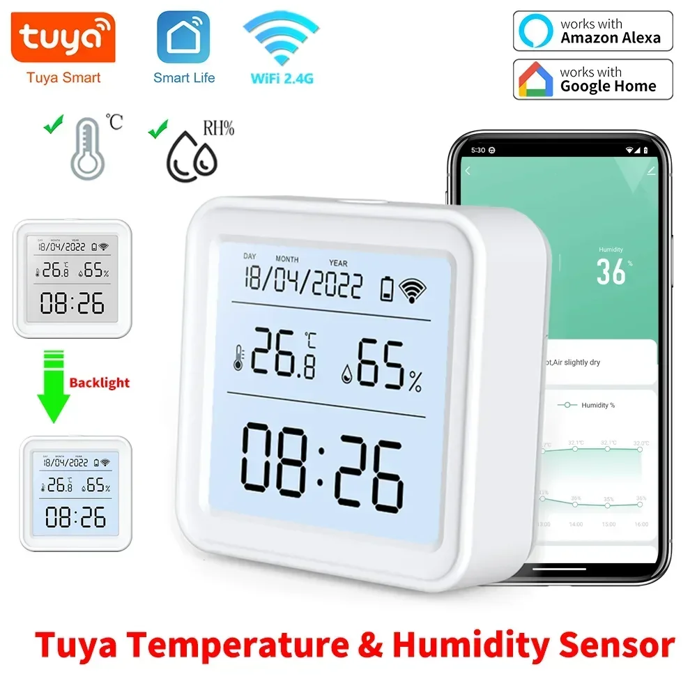 Tuya WIFI Smart Temperatur Feuchtigkeit Sensor Hygrometer Thermometer Hintergrundbeleuchtung Smart Life Support Alexa Google Assistent Image