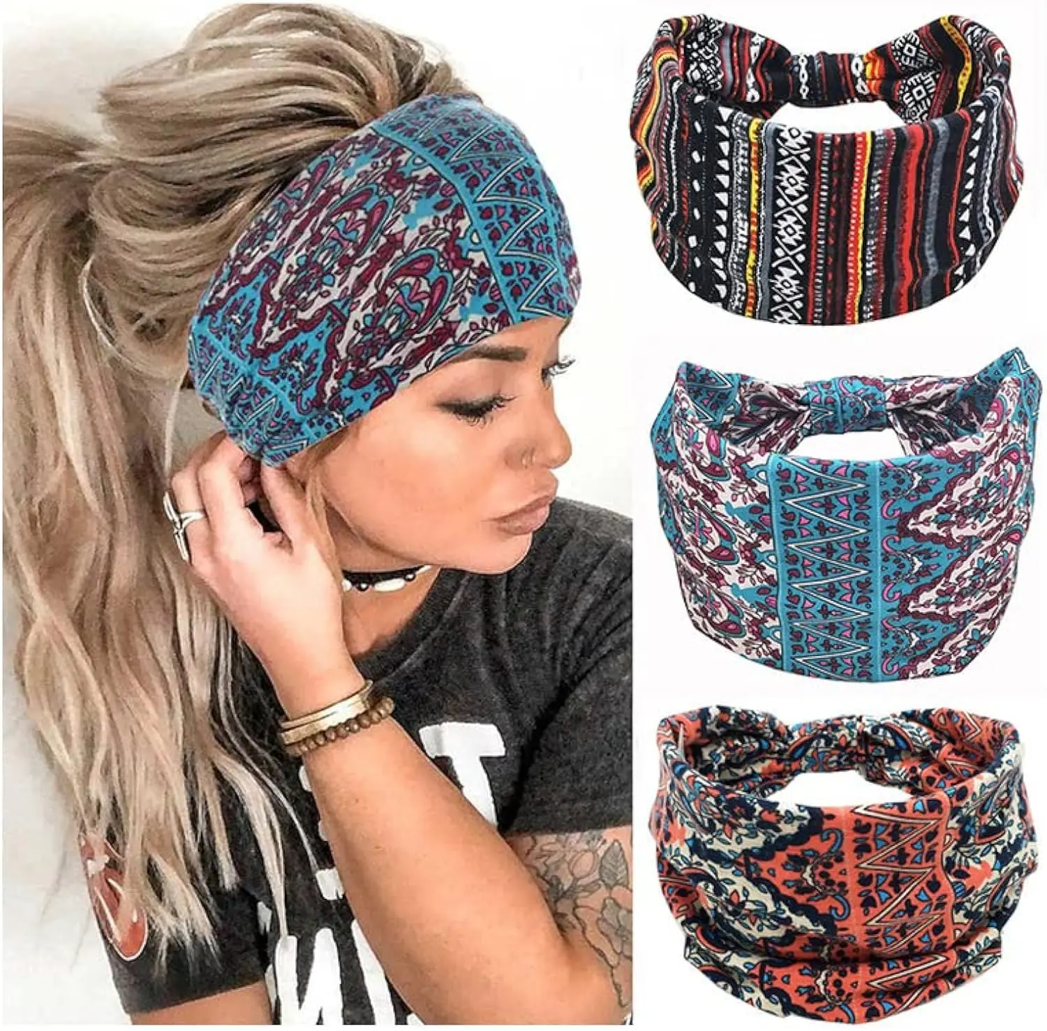 Frauen Haar bänder breite elastische weiche breite Kopf bedeckung Haarband Workout Kopf wickel Boho Stirnband drucken Haar Yoga Sport zubehör Image