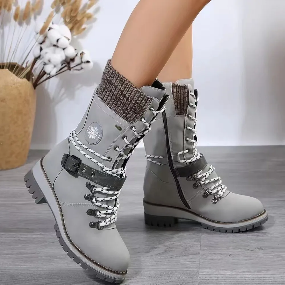 2024 Winter-Outdoor-Schuhe für Damen, seitlicher Reißverschluss, mittelhohe Stiefel für Damen, quadratischer Absatz, lässige Damenschuhe, mittelhoher Absatz, Damenstiefel