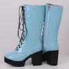 Schnür-hohe Kniestiefel für Damen, Plattform, sexy, blau, rosa, rot, Punk-Absätze, Damen-Winter-hohe Stiefel, Party-Schuhe, Damen, große Größe 46