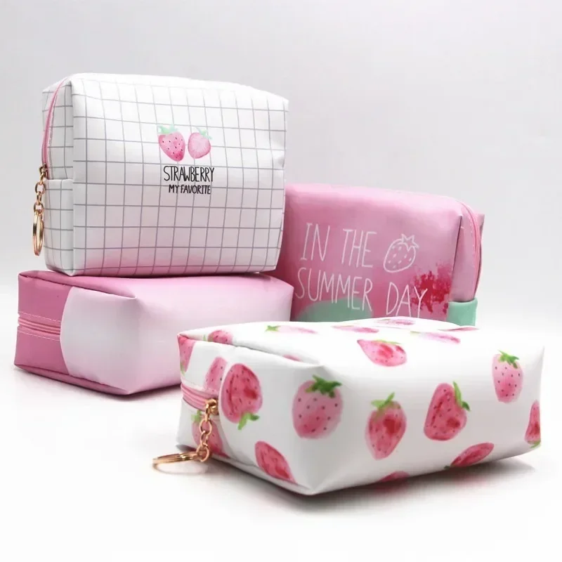 Pu wasserdichte Kosmetik tasche große Kapazität tragbare Kultur beutel Reise Aufbewahrung tasche Make-up-Beutel kreative rosa Erdbeer-Serie Image