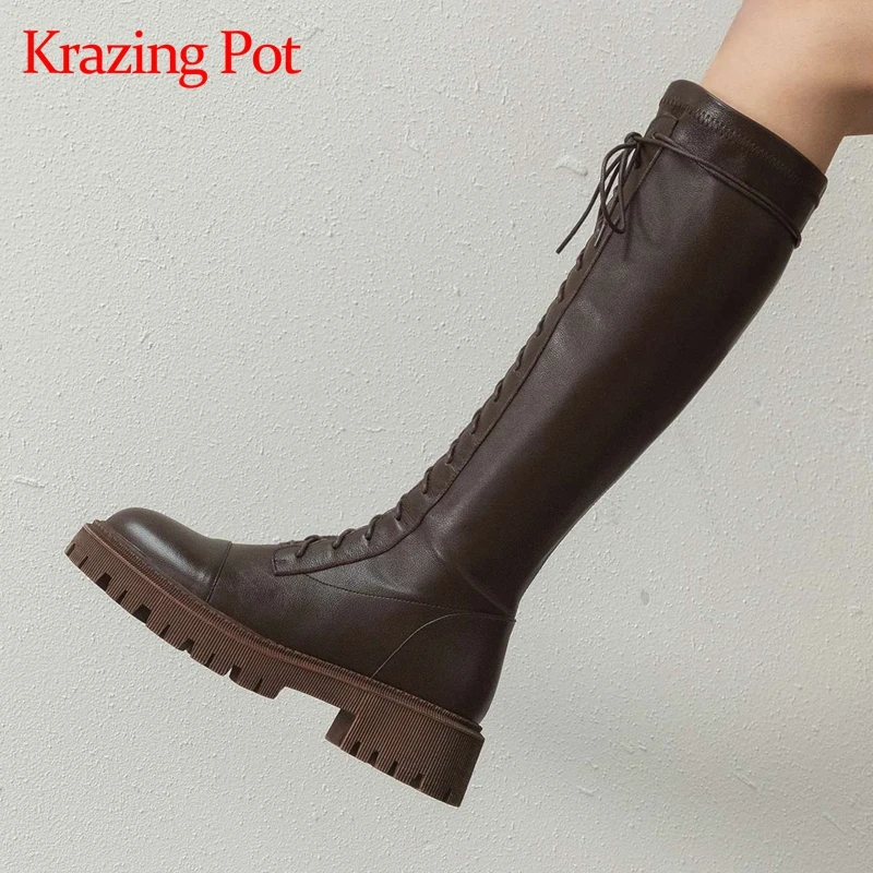 Krazing Pot Echt leder runde Zehen High Heel Reitstiefel gekreuzte Vintage Gladiator Lady lässige Plattform kniehohe Stiefel