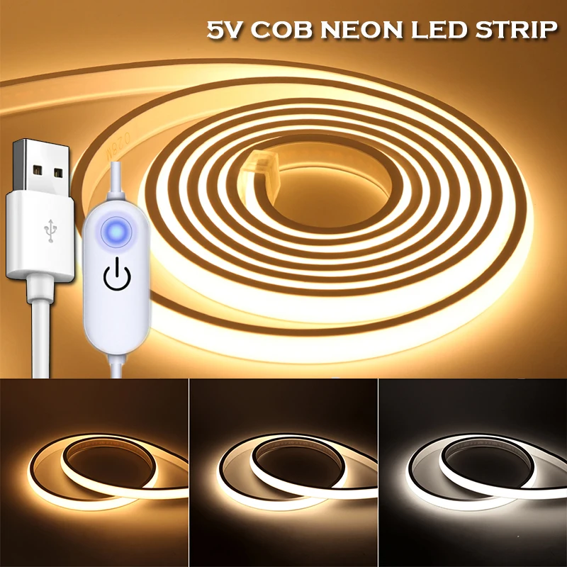 USB-COB-LED-Streifenlicht mit Klebeband, 5 V COB-LED-Neon-Lichterkette, Lampe, dimmbar, Neon-LED-Streifen, flexibler Neonstreifen für Zimmer