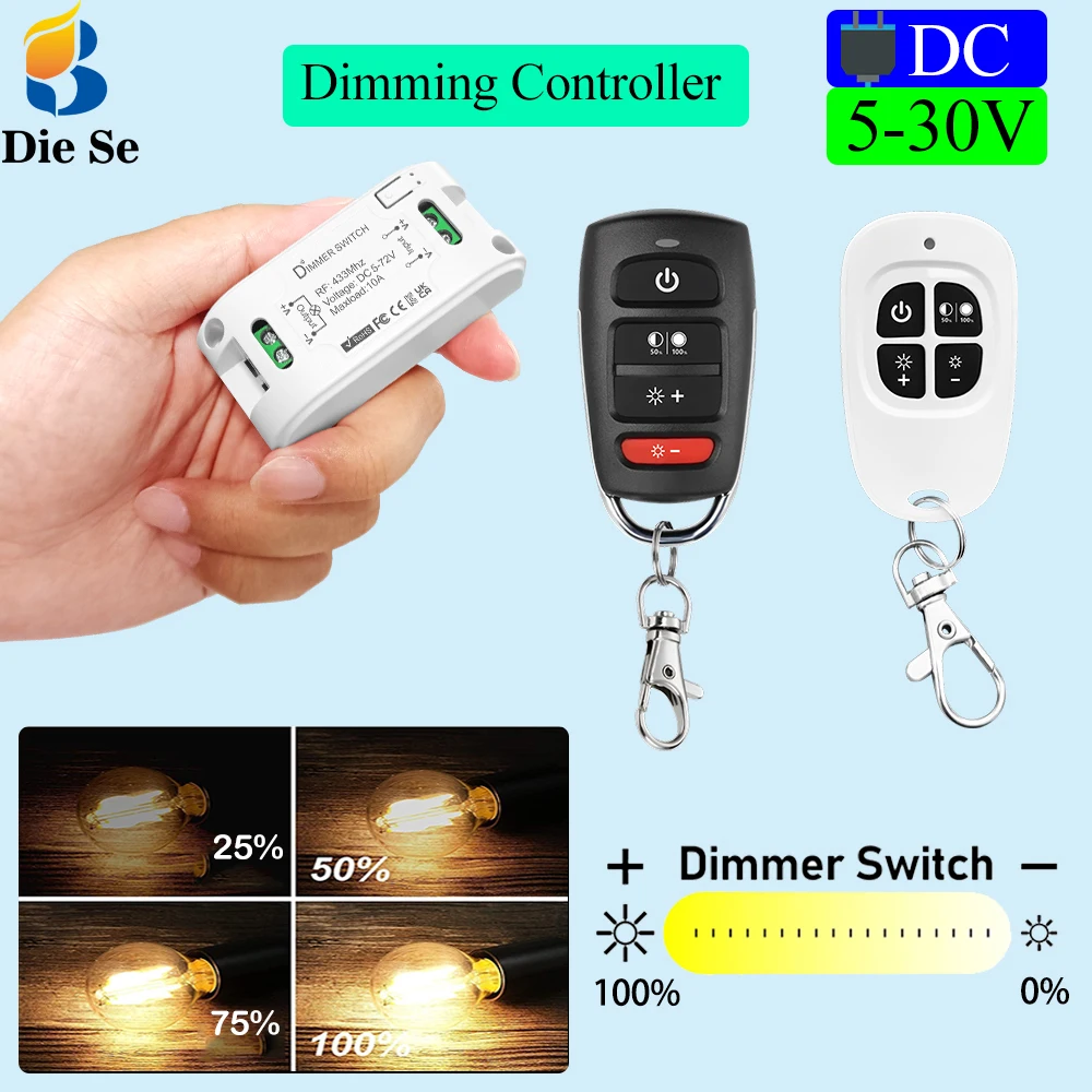 DC 5V-72V 10A Lichtschaltermodul RF433MHz Dimmer Schalter Drahtlose Fernbedienung Universelle Steuerung für LED-Dimmdimmer Image