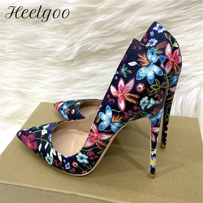 Heelgoo Floral Print Frauen Spitze Zehen 8-12cm Hohe Ferse Chic Party Schuhe Damen Sexy Designer Stiletto Pumps große Größe 43 44 45