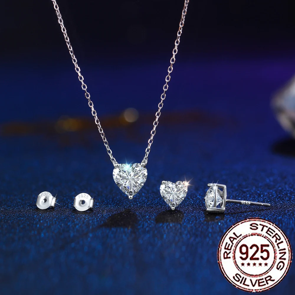 CWWZircons S925 Sterling Silber Herz Form CZ Ohrstecker Anhänger Halskette Set für Frauen Edlen Weihnachten Schmuck Geschenke ST022 Image