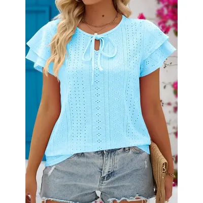 Plus Size Öse T-Shirt mit fester Krawatte vorne, lässiges Kurzarm-Oberteil mit Schicht besatz für Frühling und Sommer, Damen-Plus-Size-Kleidung