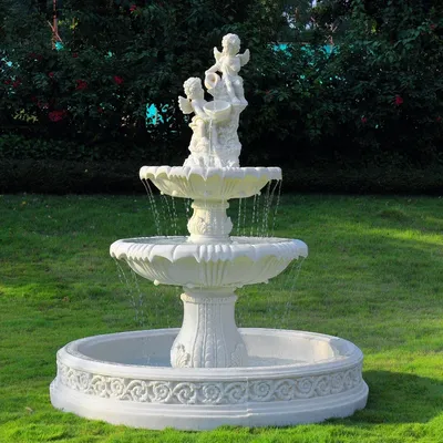 Large European-style flowing water fountain, outdoor garden, fish pond, water feature, courtyard