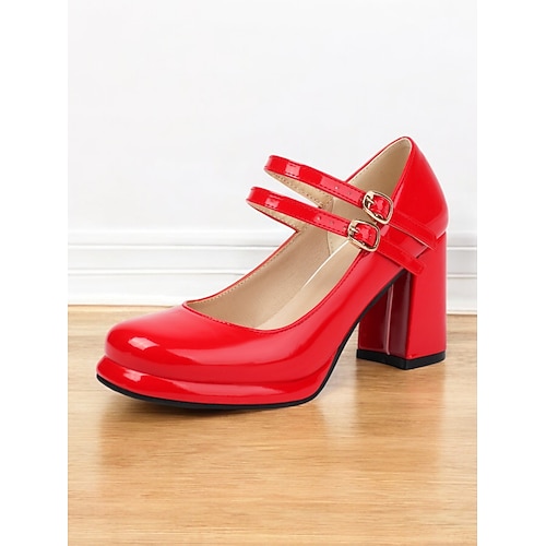Damen-Mary-Jane-Pumps im Retro-Stil mit Doppelriemchen – Lacklederschuhe mit Blockabsatz für Outfits im Vintage-Stil Image