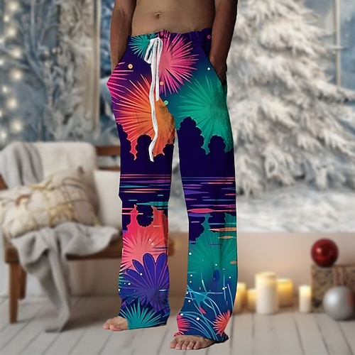 Herren Blumen Hosen Hose Mittlere Taille Kordelzug Elastischer Bund Hawaiianisch Lässig Outdoor Urlaub Party-Abendmode Gerade Hosen Sommer Frühling Herbst 3D-Druck Blau Image