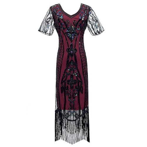 1920er Vintage inspiriert Der große Gatsby Knielang Kurze Länge Flapper Kleid Illusionsärmel Kurze Ärmel Der große Gatsby Hochzeitsgast Pailletten Pailletten V Ausschnitt Kostüm Damen Karneval Image