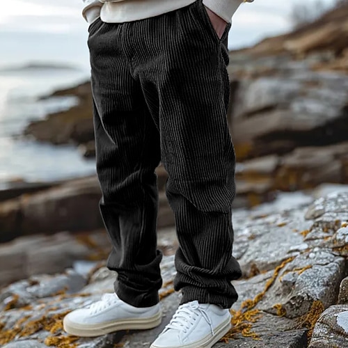 Herren Cordhose Hose Hosen Freizeithose Kordelzug Elastische Taille Gerade geschnitten Glatt Komfort Warm In voller Länge Outdoor Casual Täglich Sport Modisch Schwarz Kaffee Image