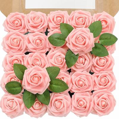 25pcs/set Artificial Flowers Wedding Decoration Rose Bouquets Valentine's Day Gift Real Looking Ivory Foam Fake Roses with Stems for DIY Wedding Bouquets White Bridal