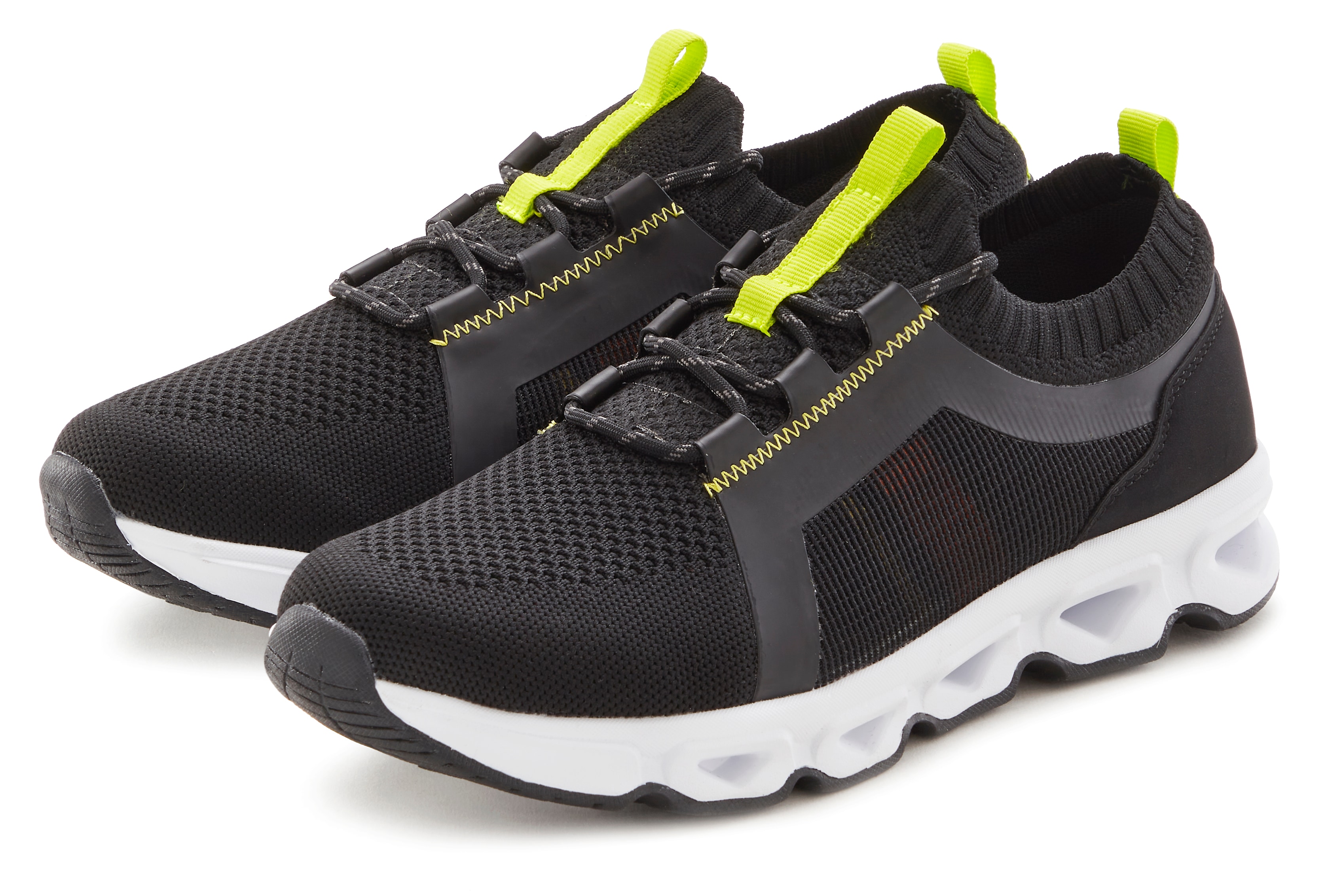 Sneaker JOHN DEVIN "Schnürschuh", Damen, Gr. 43, schwarz (schwarz, neon), Obermaterial: 60% Textilmaterial, 40% Lederimitat. Decksohle: 100% Textilmaterial. Futter: 100% Textilmaterial. Laufsohle: 100% Synthetik, unifarben mit Farbeinsätzen, Schuhe...