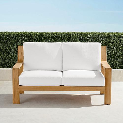 Calhoun Loveseat with Cushions in Natural Teak - Standard, Georgina Floral Cobalt - Frontgate