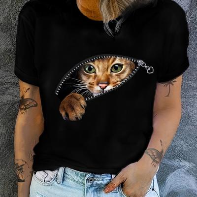 TEMU Women's Casual Cat Peeking Through Zipper Graphic T-shirt - Black Short Sleeve Round Neck Top, Machine Washable Fit Tee, Durable Fabric Image